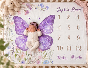 Purple butterfly milestone blanket with a newborn and Sophia Rose