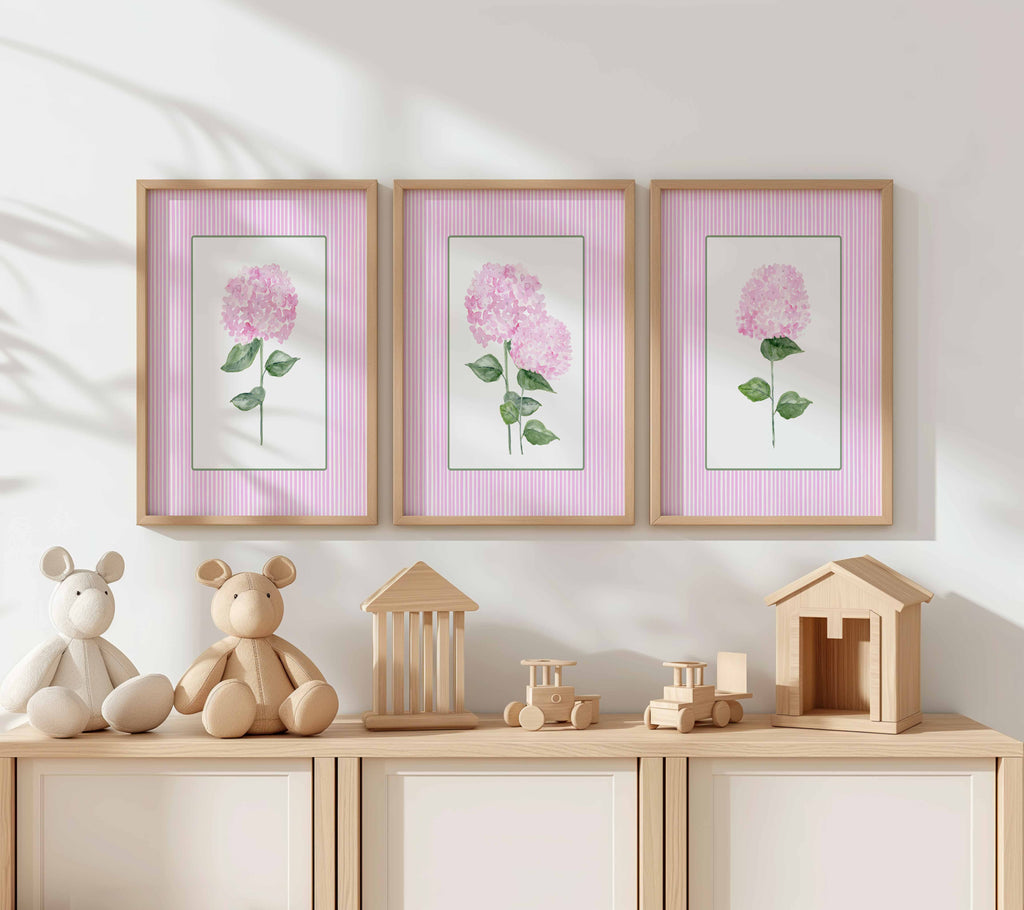 Pink Hydrangea Print, Set of 3 hydrangeas, Stripes Coastal Decor, Trendy Grandmillennial Wall Art, Watercolour Flowers, Living room artwork