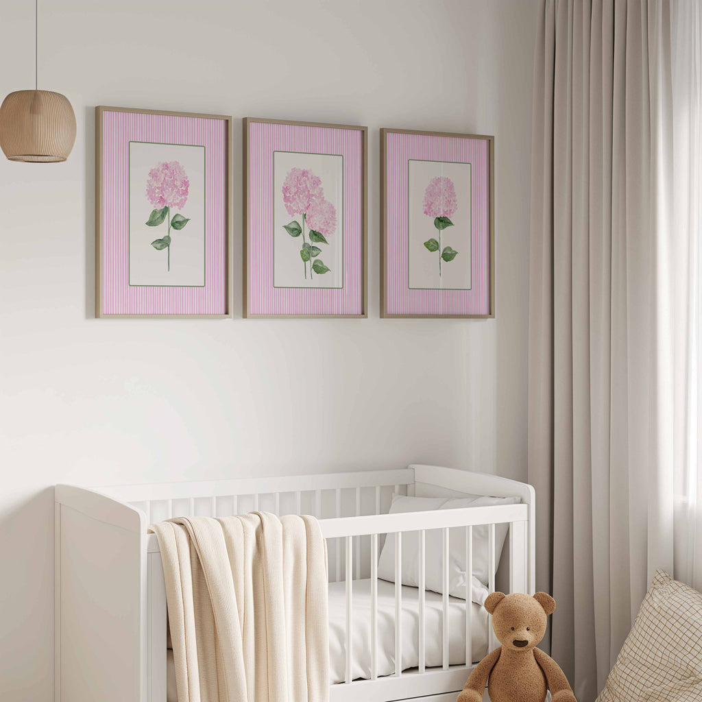 Pink Hydrangea Print, Set of 3 hydrangeas, Stripes Coastal Decor, Trendy Grandmillennial Wall Art, Watercolour Flowers, Living room artwork