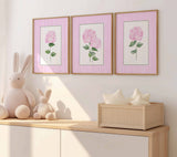 Pink Hydrangea Print, Set of 3 hydrangeas, Stripes Coastal Decor, Trendy Grandmillennial Wall Art, Watercolour Flowers, Living room artwork