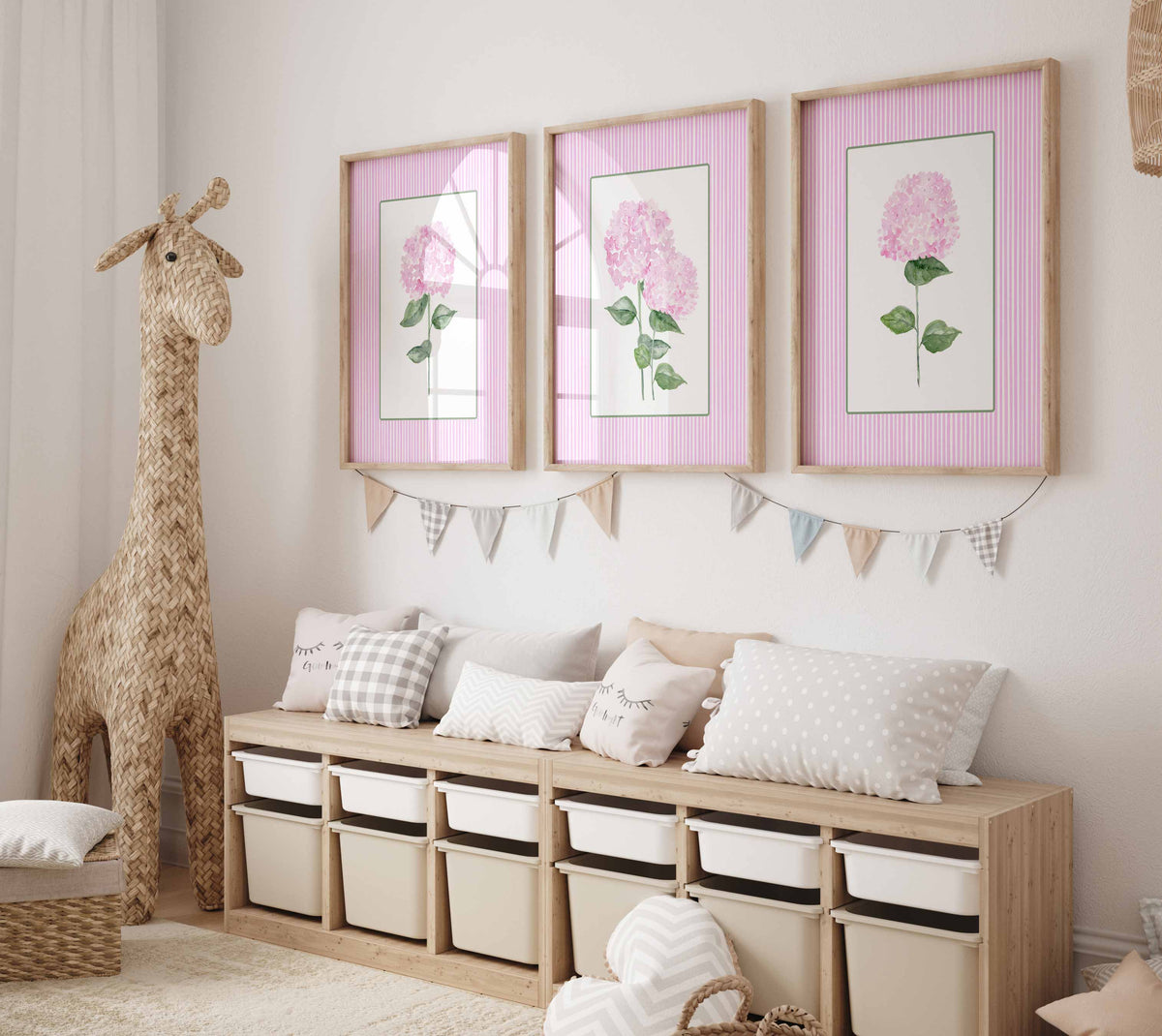 Pink Hydrangea Print, Set of 3 hydrangeas, Stripes Coastal Decor, Trendy Grandmillennial Wall Art, Watercolour Flowers, Living room artwork