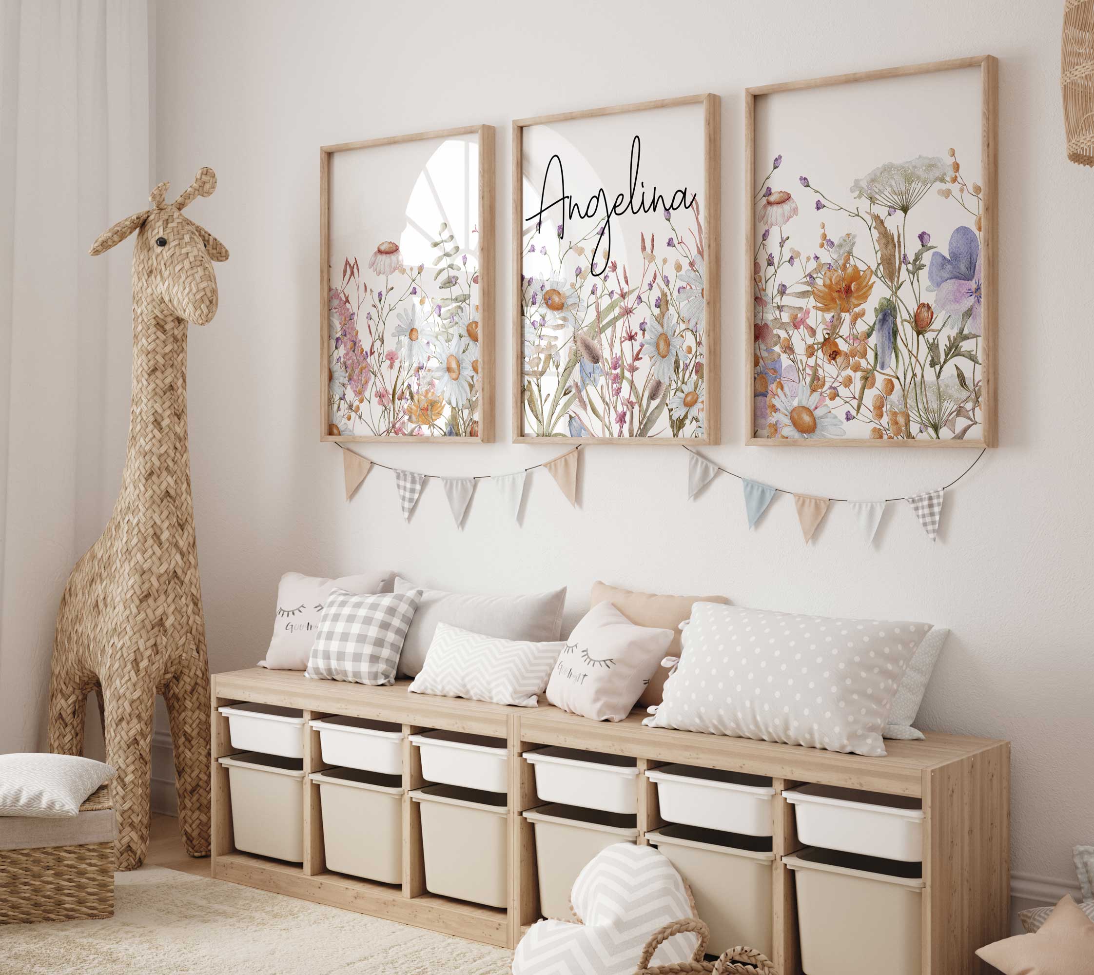 Vivero de Niña de Flores Silvestres, Impresión Artística Floral Boho para Pared de Niña con Nombre Imagen secundaria del producto