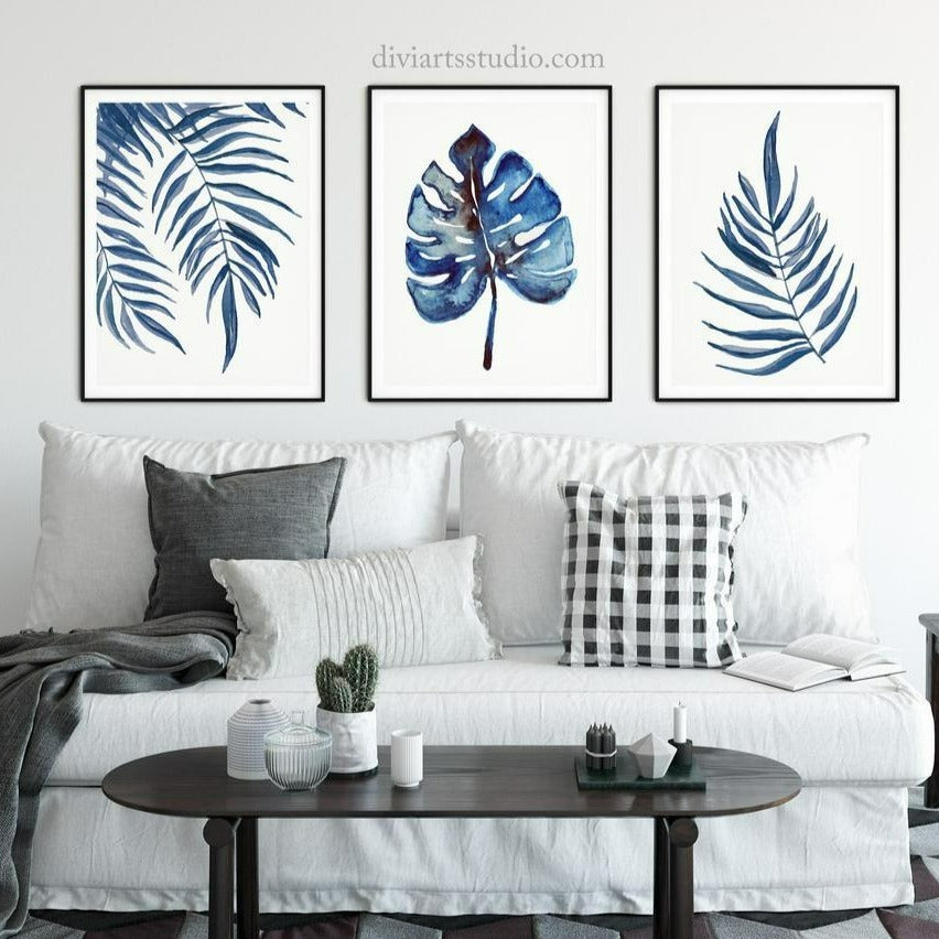 Tropical Leaf Art Prints, Set of 3 Blue Fine Art Prints Main image