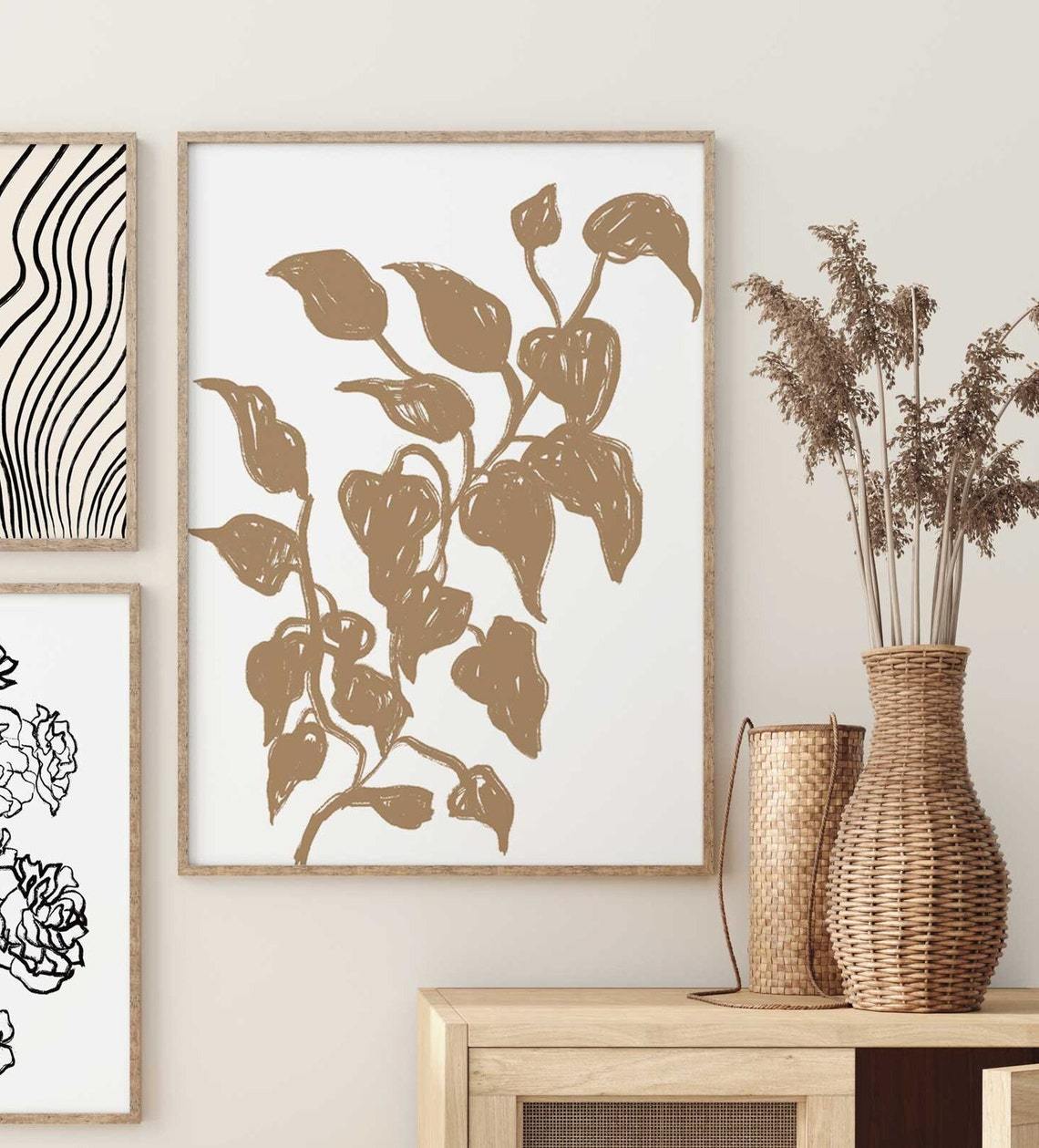 Cuadros de pared con hojas beige, juego de 2 láminas abstractas de hojas Imagen secundaria del producto