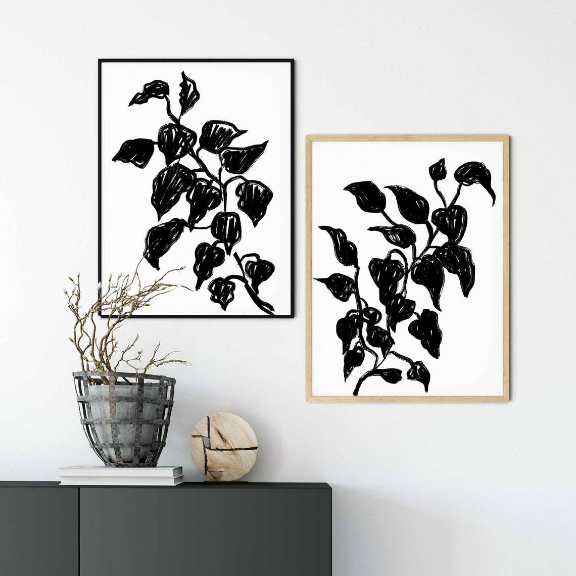 Conjunto de 2 Láminas de Hojas Negras, Impresión Moderna de Arte de Pared en Blanco y Negro Imagen secundaria del producto
