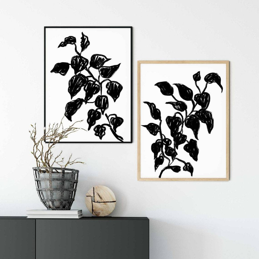 Set of 2 Black Leaf Prints, Modern Black White Wall Art Print