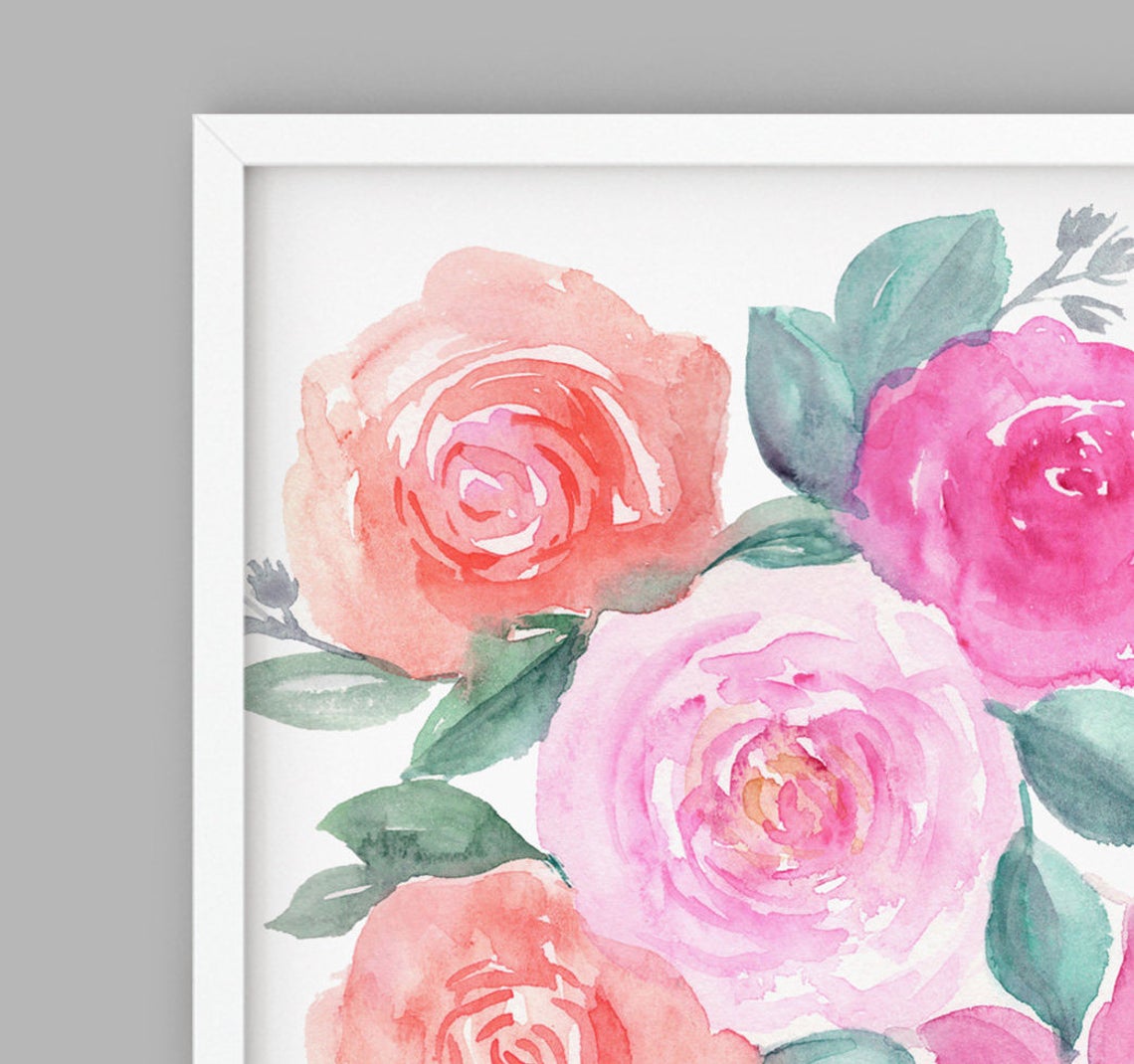 Arte de pared floral, lámina artística de rosas rosas y naranjas Imagen secundaria del producto