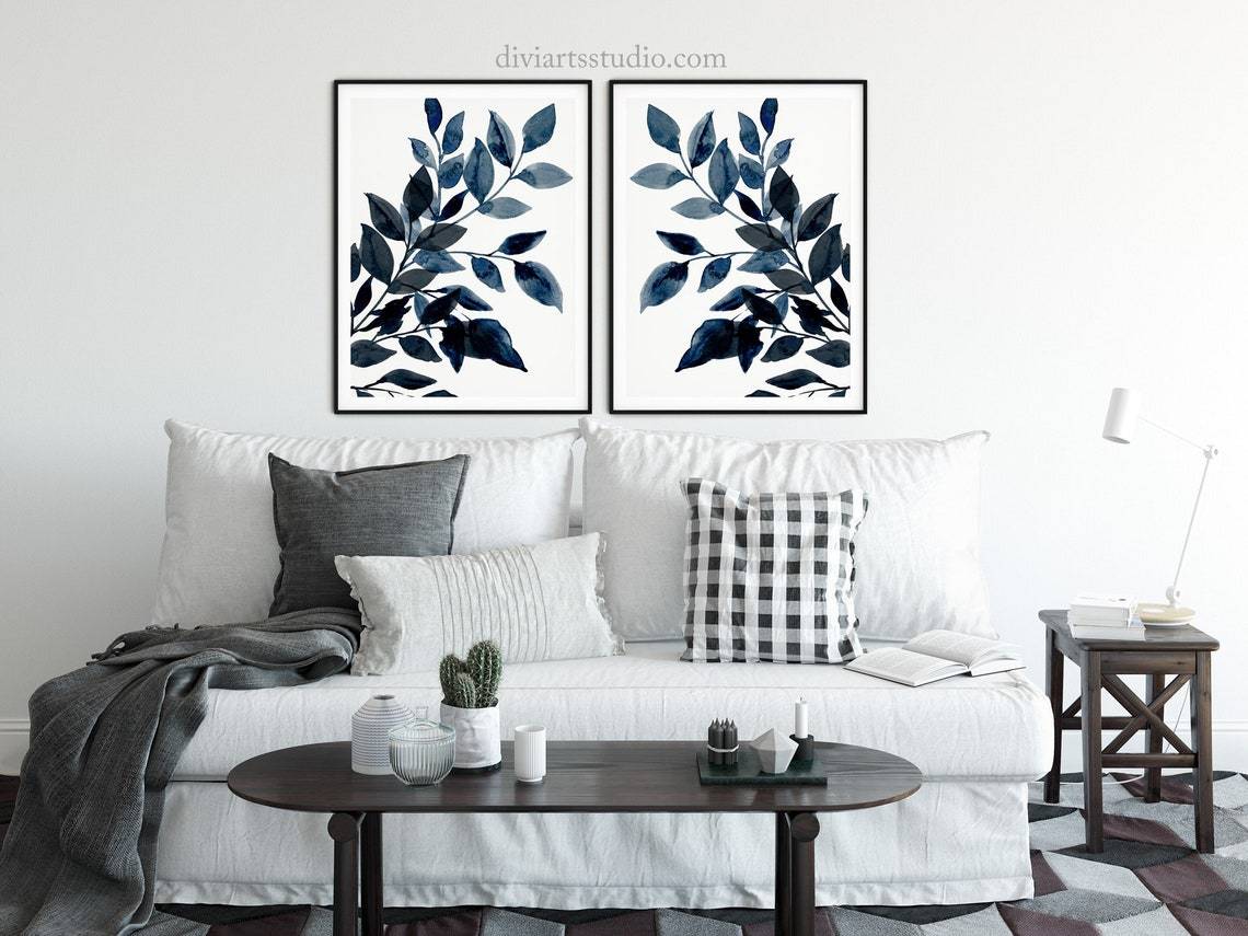 Láminas Abstractas de Hojas Azules, Set de 2 Láminas Botánicas de Hojas en Azul Marino Imagen secundaria del producto