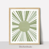 Sunburst print, Sun Wall Art, Sage Green Art Print, Mid Century Modern Sun Decor, Abstract Geometric Sun Rays Poster, Minimalist Sun