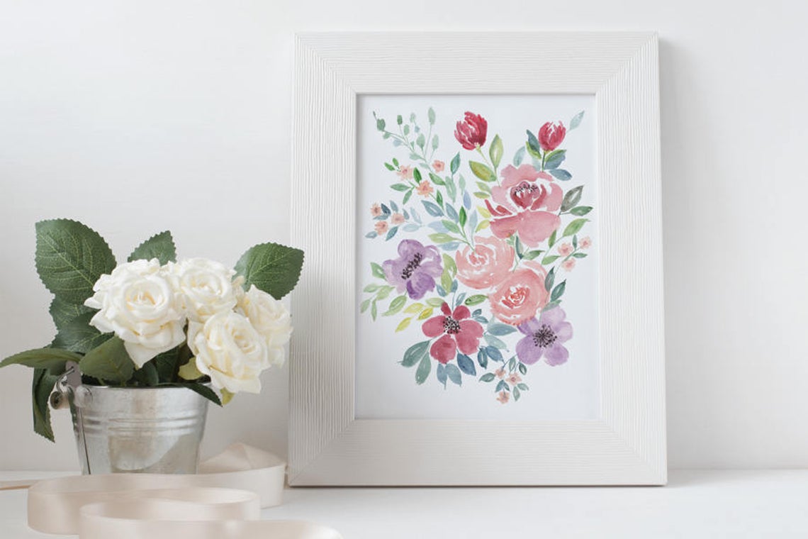 Watercolour Floral Print Roses Art, Floral Wall Art Main image