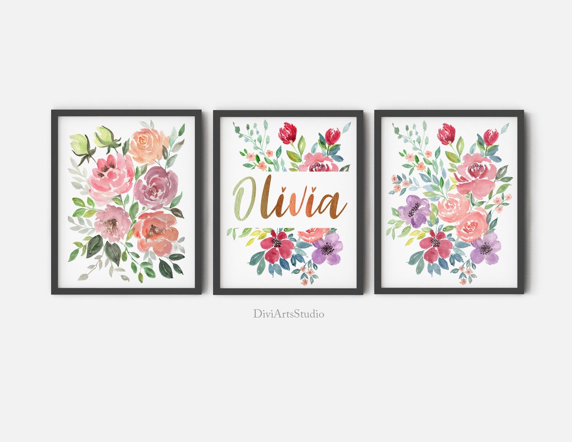 Juego de 3 Láminas Personalizadas con Nombre de Niño, Lámina con Nombre de Bebé y Lámina de Pared con Arte Floral Imagen secundaria del producto