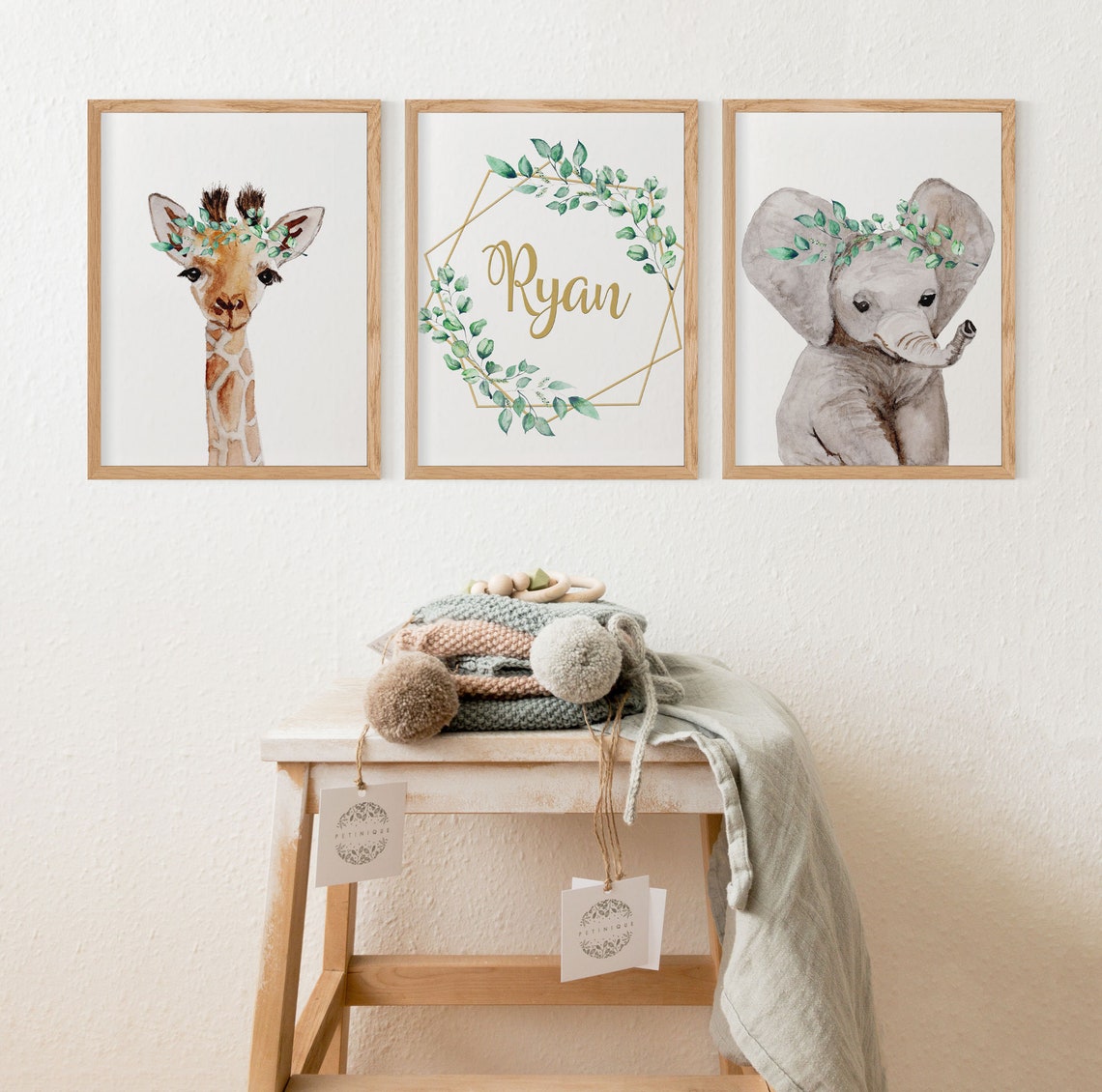 Juego de 3 decoraciones de safari para cuarto de bebé, set de láminas con el nombre para niños Imagen secundaria del producto