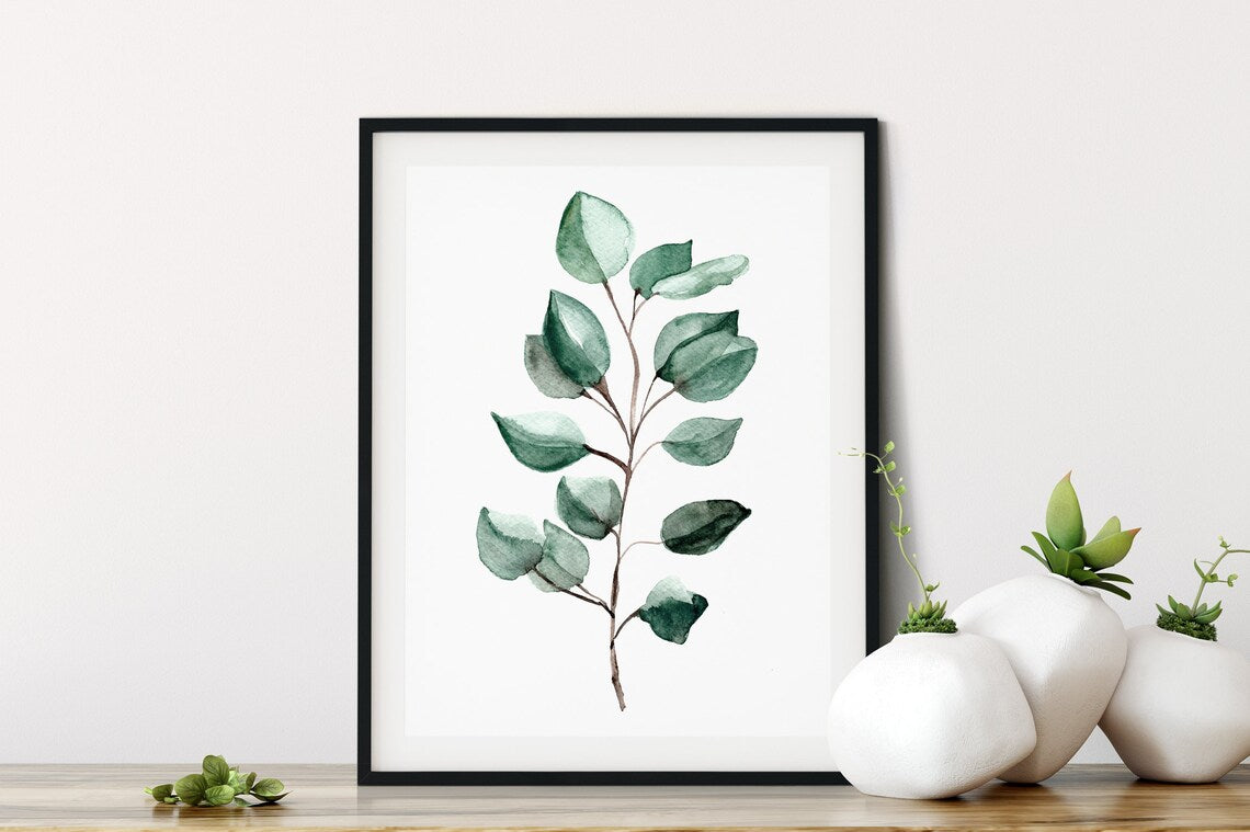 Lámina artística de eucalipto, lámina de acuarela de eucalipto, arte de pared de eucalipto verde, lámina de hoja tropical, arte de pared de hojas Imagen secundaria del producto