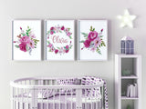 Floral Nursery Decor, Set of 3 Personalized Baby Name Print, Custom Nursery Wall Art Set
