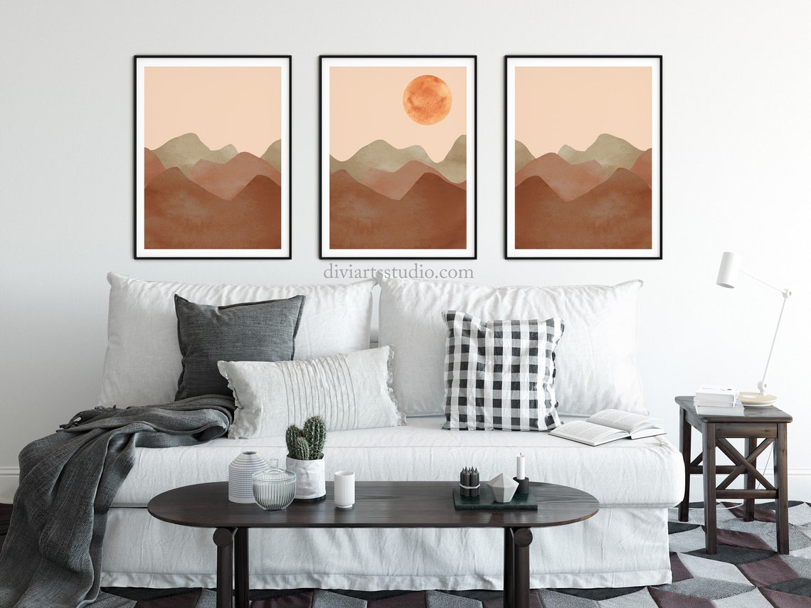 Lot de 3 impressions abstraites, impression d'art moderne du milieu du siècle, impressions couleur terre cuite, triptyque mural, art mural abstrait montagne Image secondaire du produit