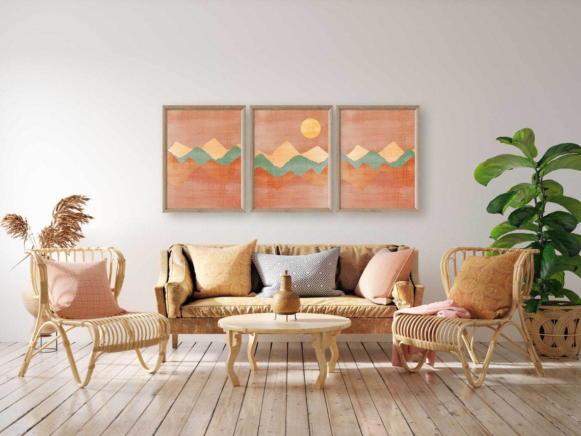 Juego de 3 cuadros para pared, impresiones abstractas de montañas, juego de impresiones terracota, impresión artística moderna de mediados de siglo, impresión de paisaje boho, impresión de sol del desierto Imagen secundaria del producto