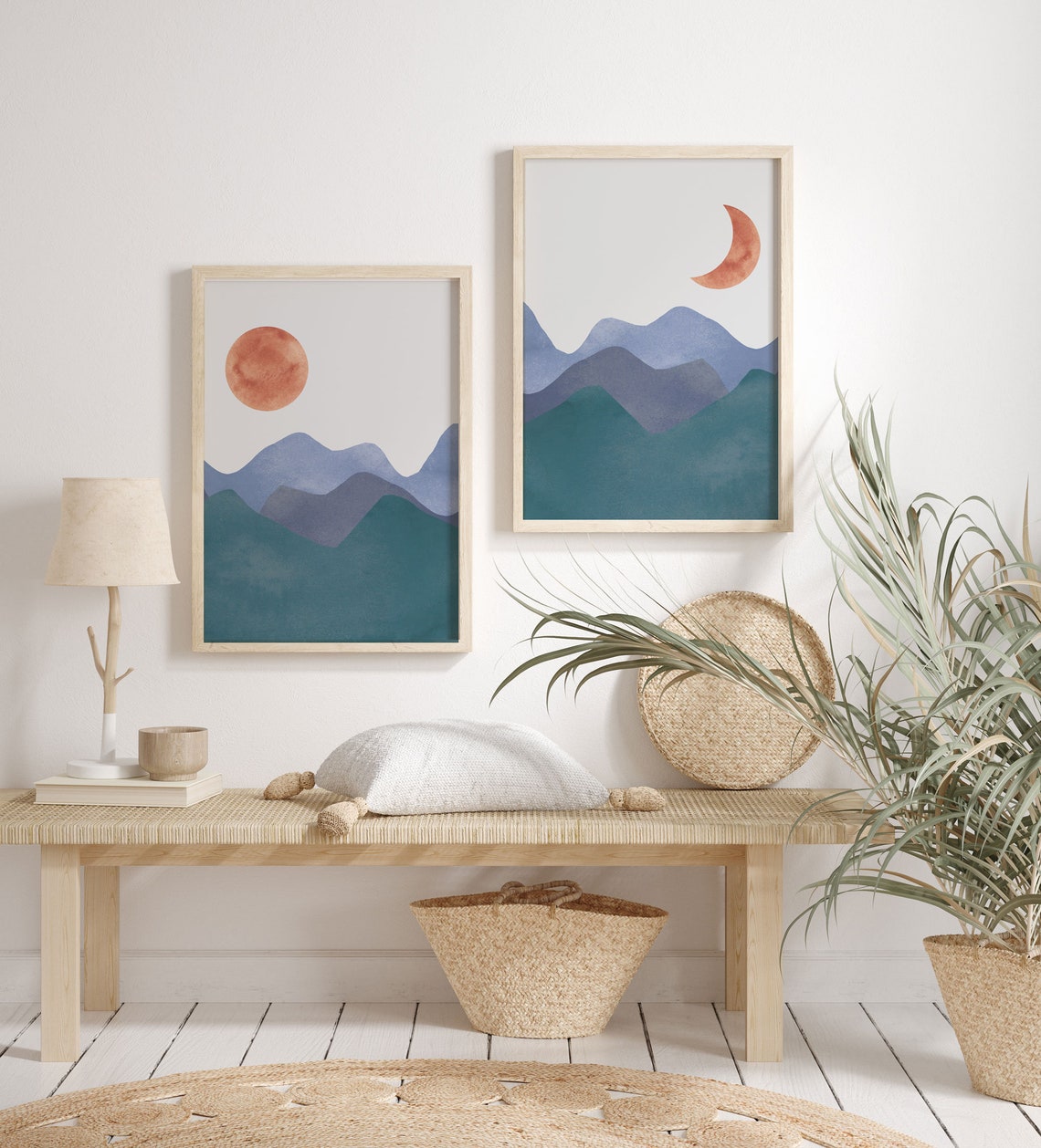 Lámina abstracta Sol y Luna, Set de dos láminas terracota, Láminas de arte de pared bohemio, Lámina de arte de pared abstracta azul, Láminas de arte minimalista Imagen secundaria del producto