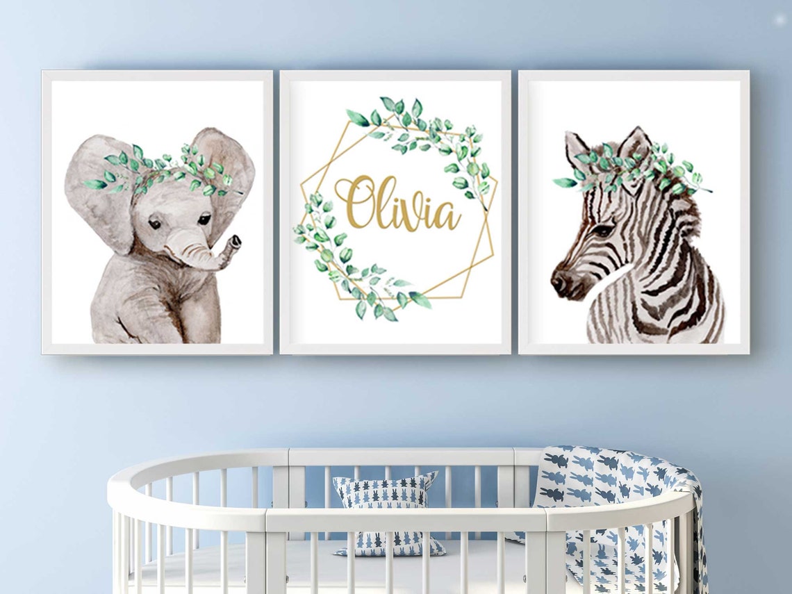 Set de 3 decoraciones de safari para guardería, set de láminas de arte para pared personalizadas para habitación infantil, set de arte de pared para guardería de niña Imagen secundaria del producto