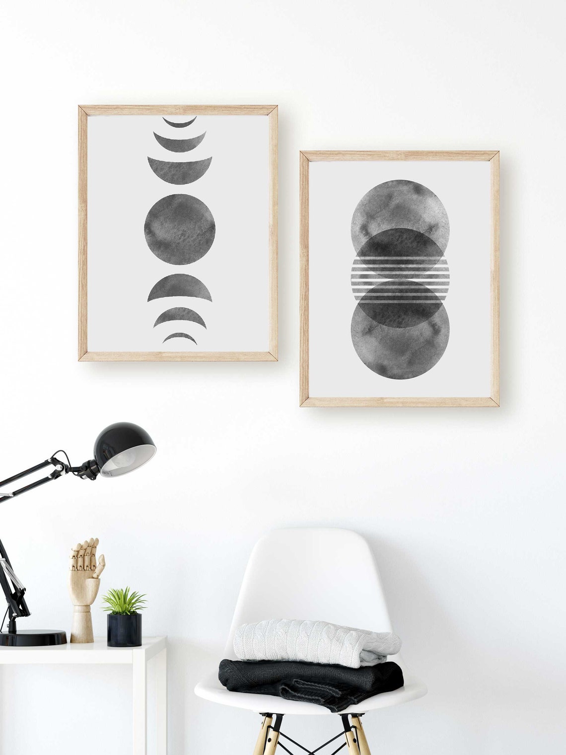 Lámina Sol y Luna en blanco y negro, Set de 2 Láminas, Sol Abstracto, Arte de Pared Boho, Póster Fases Lunares, Láminas Mid Century Modern Imagen secundaria del producto