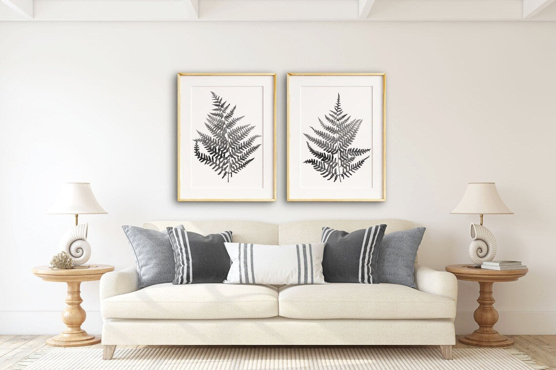 Fern Print Black and white, Botanical Leaf Prints Set, Living Room Wall Art, Fern Leaf Illustration, Printed and shipped