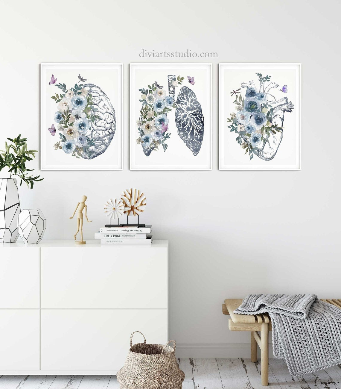 Set de 3 Láminas Decorativas de Anatomía, Cerebro, Pulmones, Corazón, Impresiones Médicas Imagen secundaria del producto