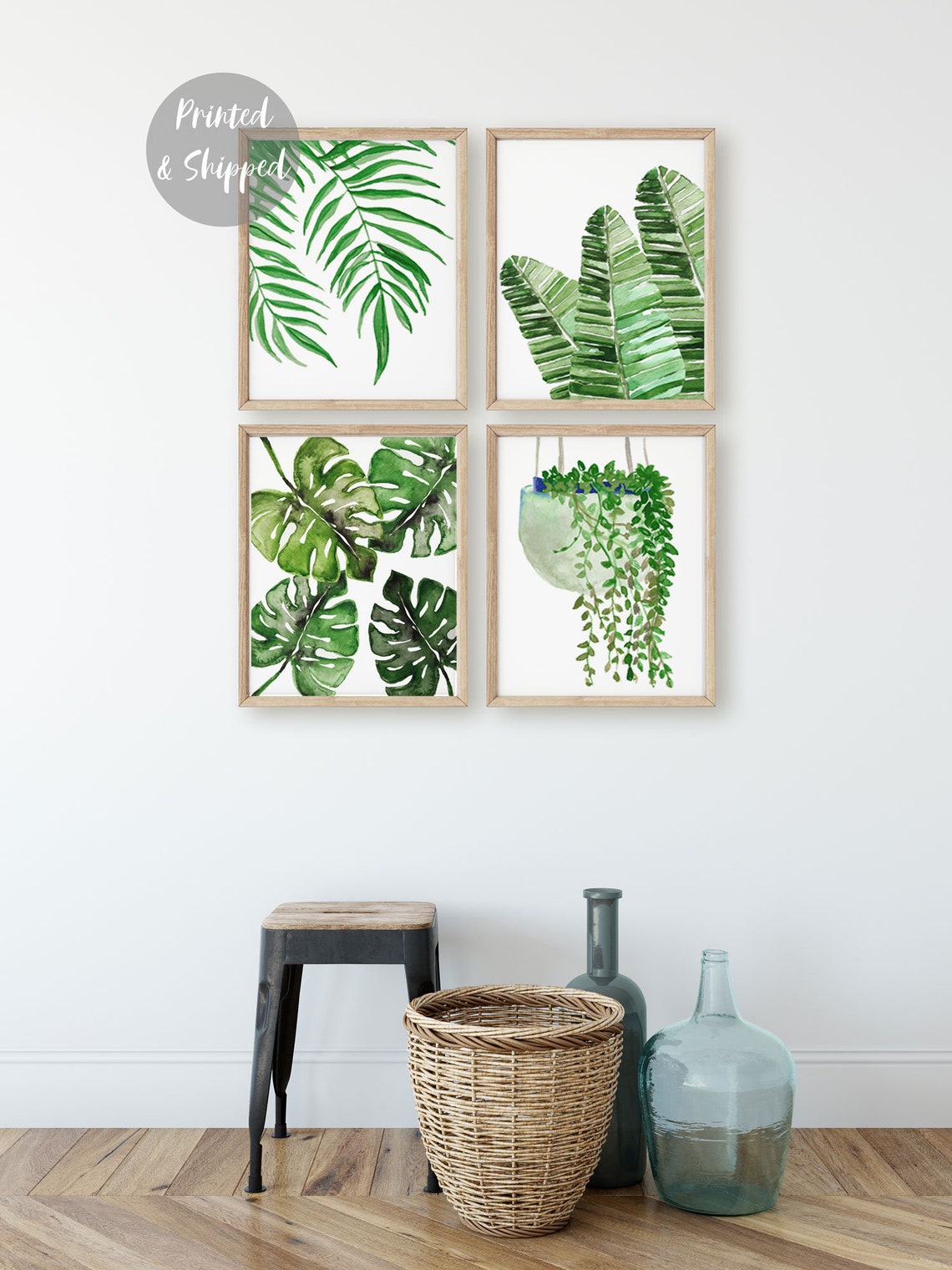 Set of 4 Botanical Leaf Print, Watercolor Tropical Leaf Wall Art, leaf poster, Monstera Leaf Print, Living Room Art, Plant Lovers Gift