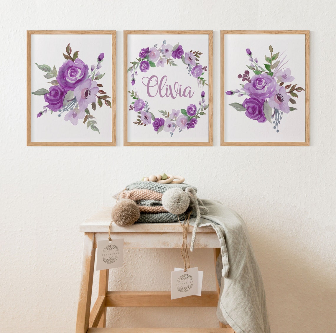 Decoración de vivero lila, lámina personalizada floral con el nombre del bebé Imagen secundaria del producto