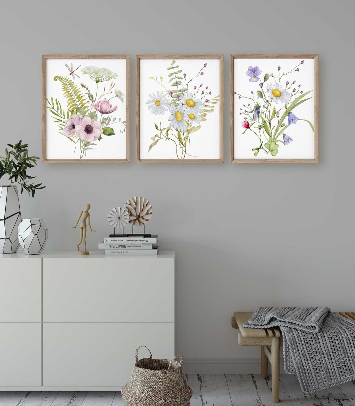 Lámina de Flores Silvestres, Set de 3 Láminas Florales, Ilustración de Margarita y Flores Silvestres, Arte de Pared de Flores Abstractas, Decoración de Casa de Campo Imagen secundaria del producto