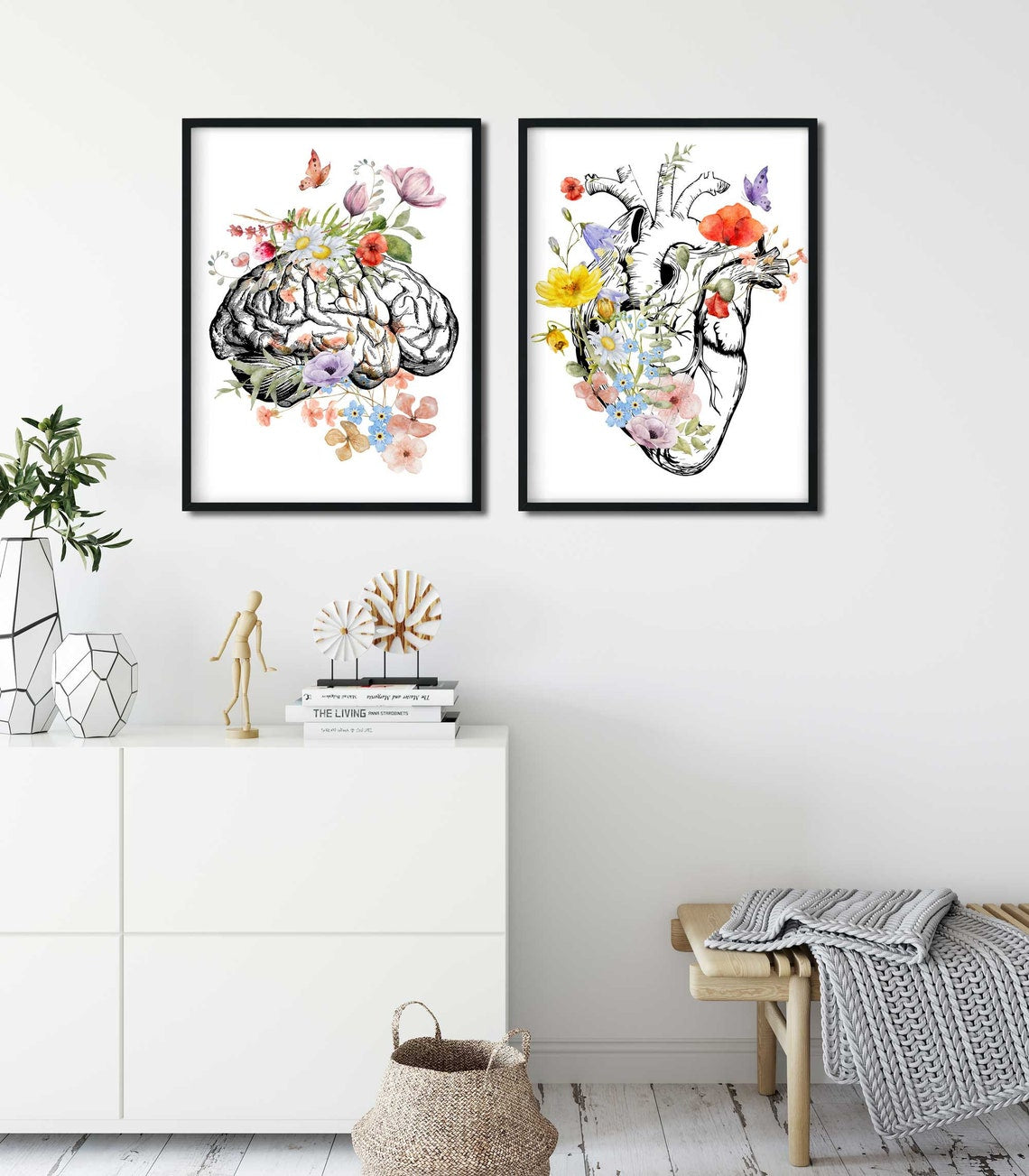 Juego de 2 piezas de arte de pared médico, arte de pared con anatomía floral de corazón y cerebro Imagen secundaria del producto