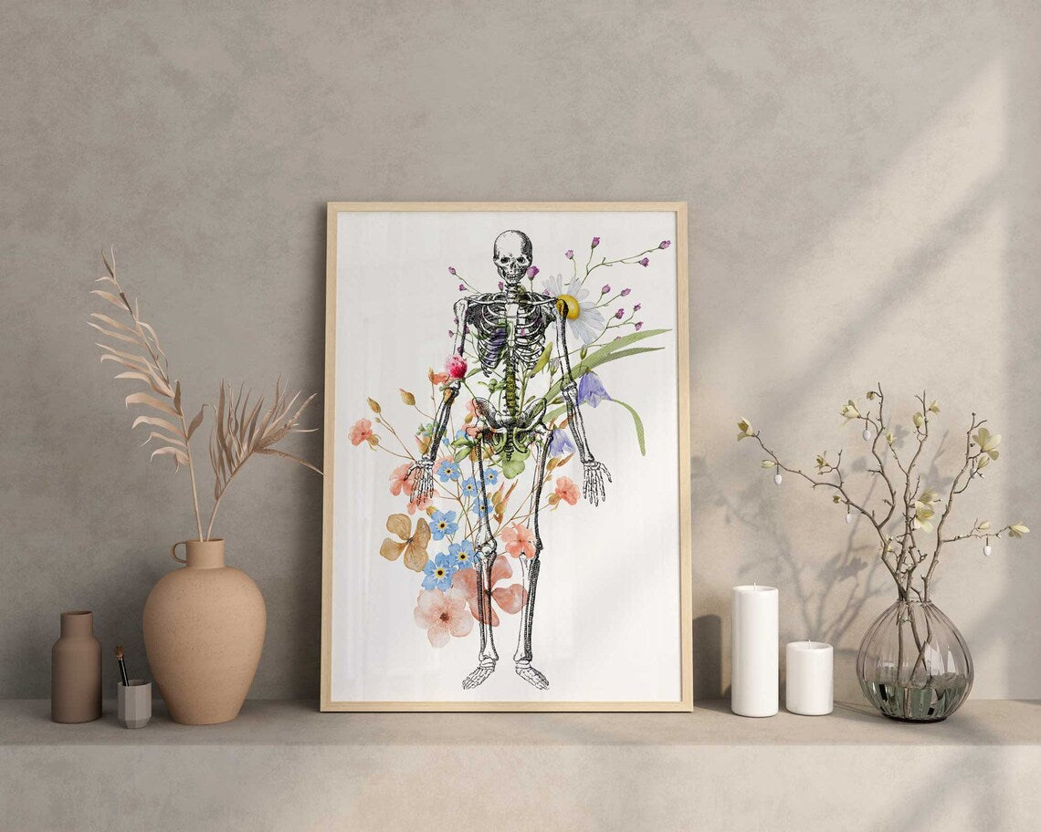 Skeleton Anatomy Art, Floral Medical student gift, Flowers Doctor office decor, Med student art, Human Medical Poster Main image
