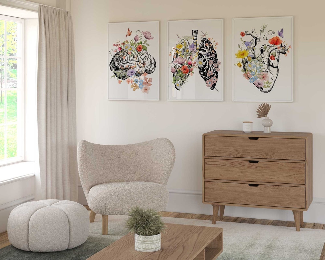 Anatomy Art Set, Brain Heart Lungs wall Art, Medical student gift, Doctor Office Decor, Watercolor Anatomical floral Print