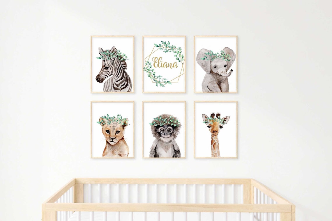 Juego de 6 Láminas de Safari para Habitación Infantil, Letrero de Nombre Personalizado Niño Imagen secundaria del producto