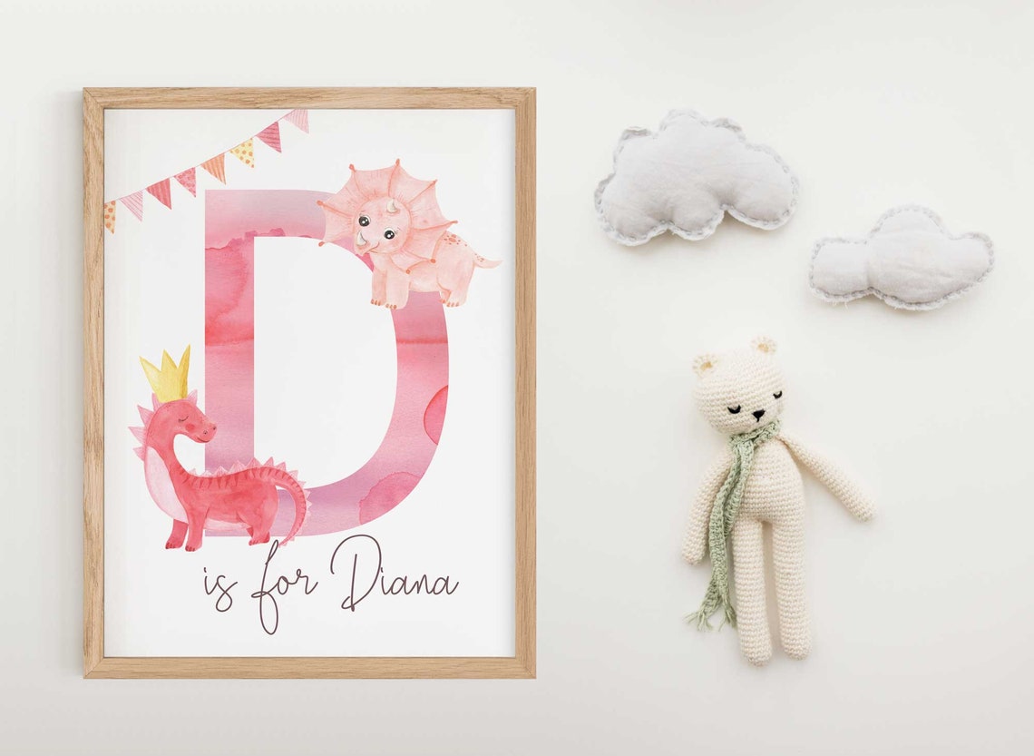 Blush Pink Personalized Girl Nursery Dinosaur Art Print, Blush Pink Wall Art