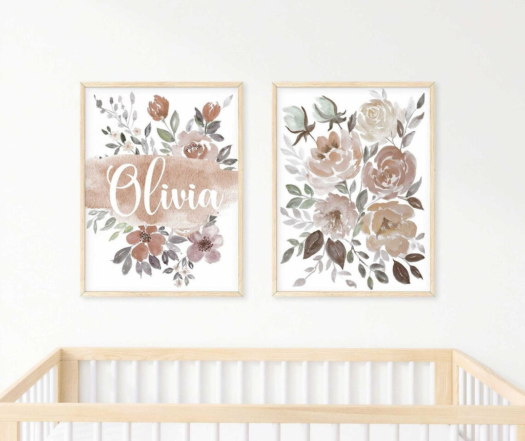 Boho Nursery Name, Floral Personalized Name Print, Boho Nursery Decor Girl, Set of 2 Wall Art, Flowers Kids Room Art Printable, Baby Gifts