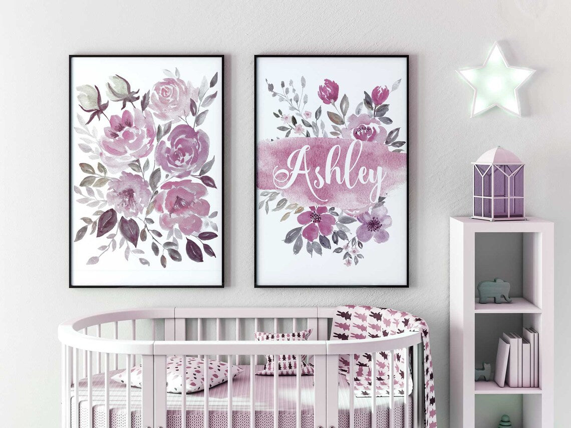 Decoración floral para cuarto de niña, juego de 2 cuadros personalizados para pared de cuarto de bebé Imagen secundaria del producto