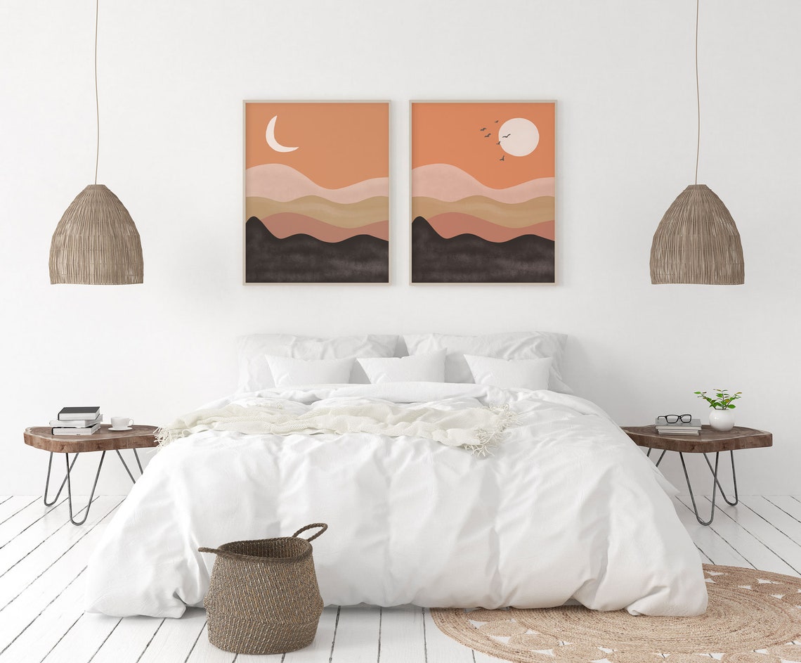 Mid century abstract art, Sun desert wall art, Sun Moon Art, Modern Terracotta print, Boho wall decor, Set of 2 Prints