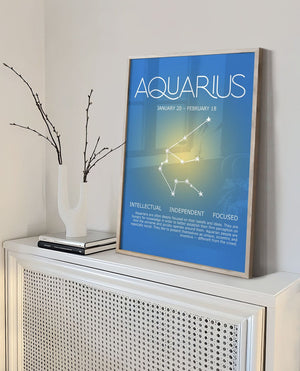 Aquarius zodiac poster with the constellation over a blue aura on a shelf