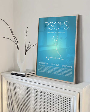 Pisces zodiac poster with the constellation over a teal aura on a radiator shelf