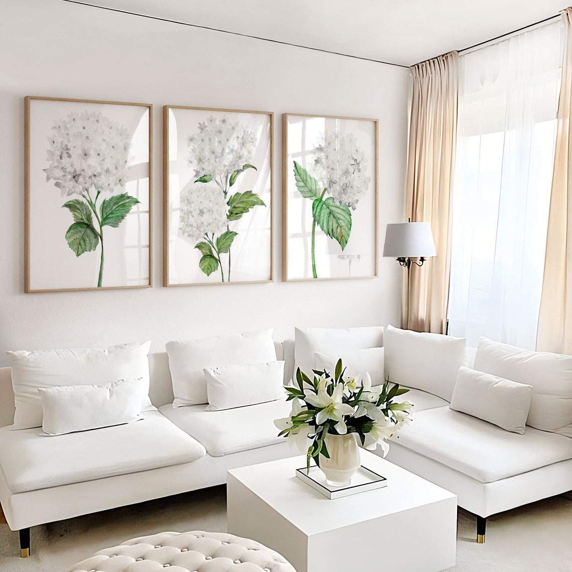 White Hydrangea Watercolor Print, White Botanical Print Set of 3, Hydrangea painting, Hydrangea Print, Flower Wall Art Main image