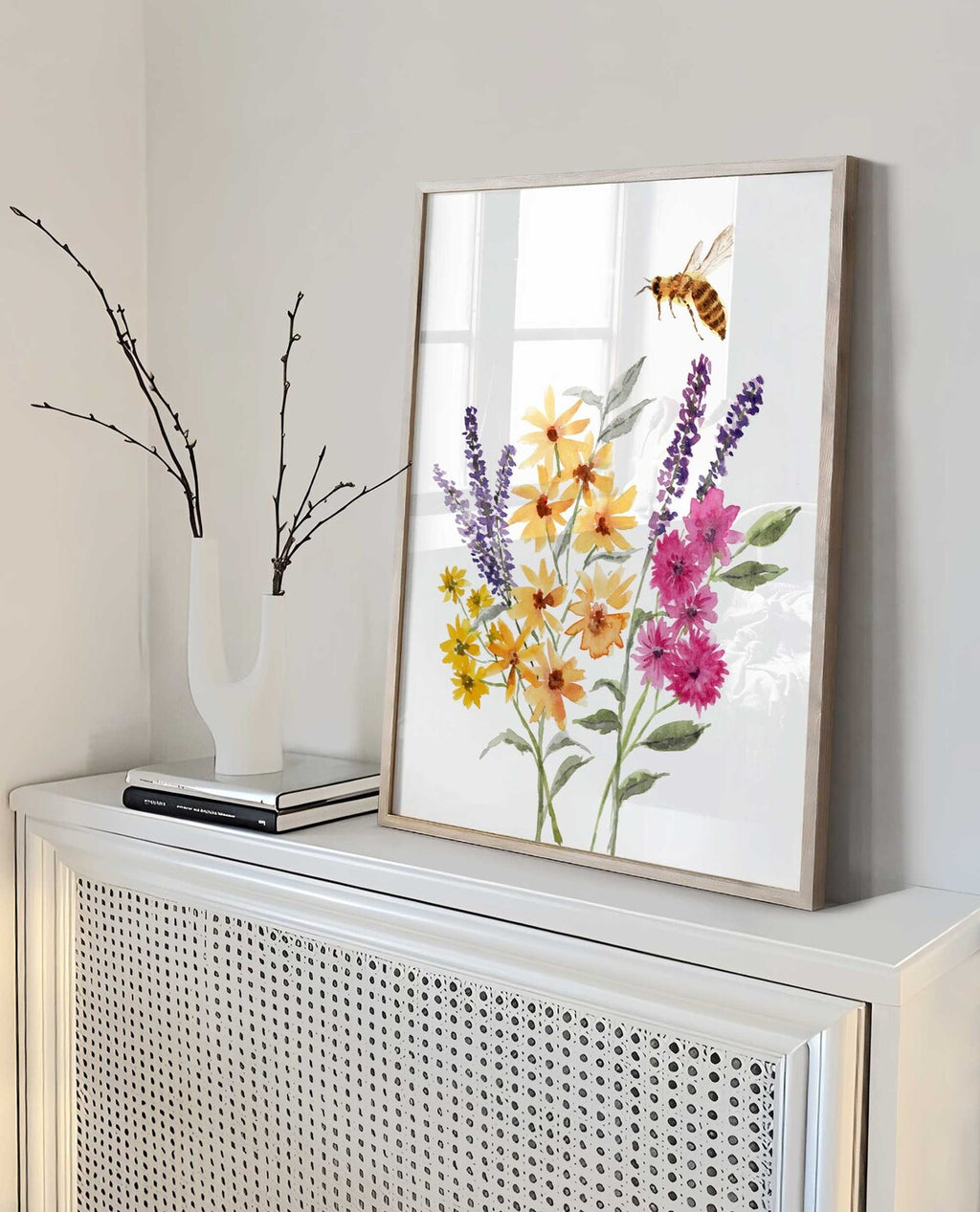 Wildflowers Honey Bee Art Print, Watercolour Honeybee Decor, Wildflowers Wall Art, Set of 2 prints, Botanical Flowers Print