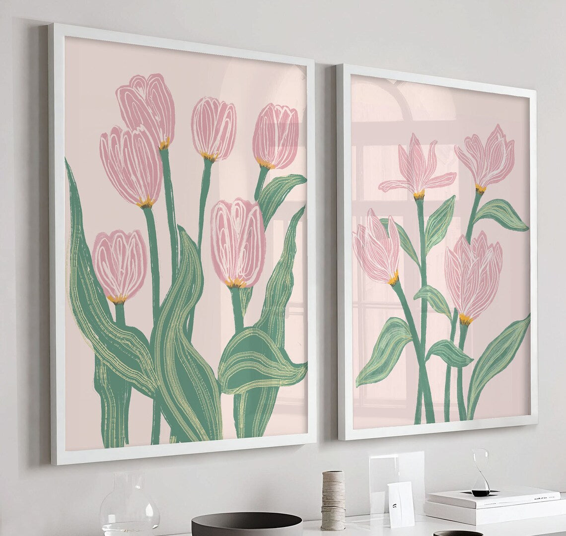 Close view of the pink tulips on sage green stems
