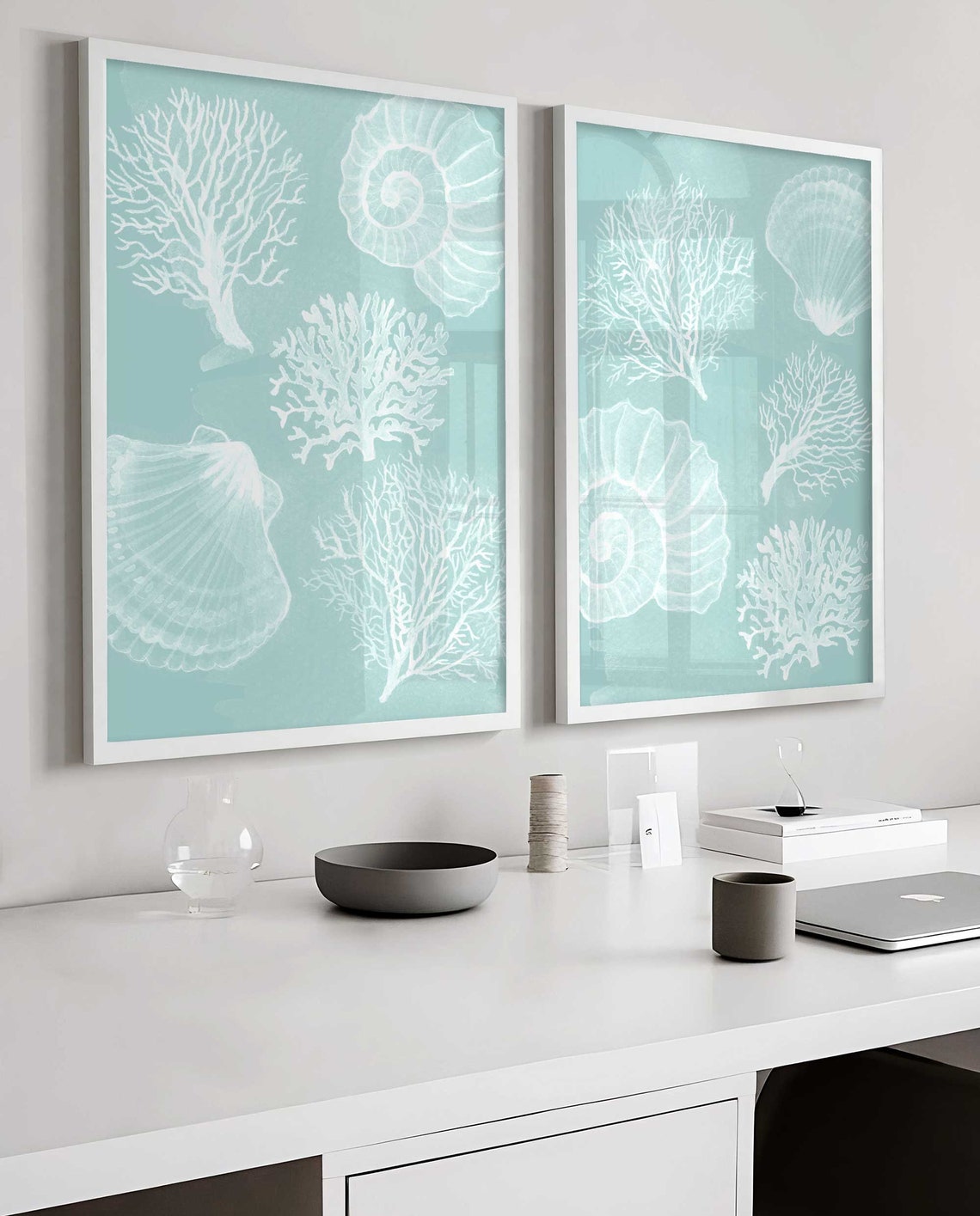 Décoration Murale Coquillage, Impressions Côtières Bleues, Ensemble de 3 imprimés, Décoration de maison de plage Turquoise, Décoration Murale de Salle de Bain Corail, Art Côtier Minimaliste Moderne Image secondaire du produit