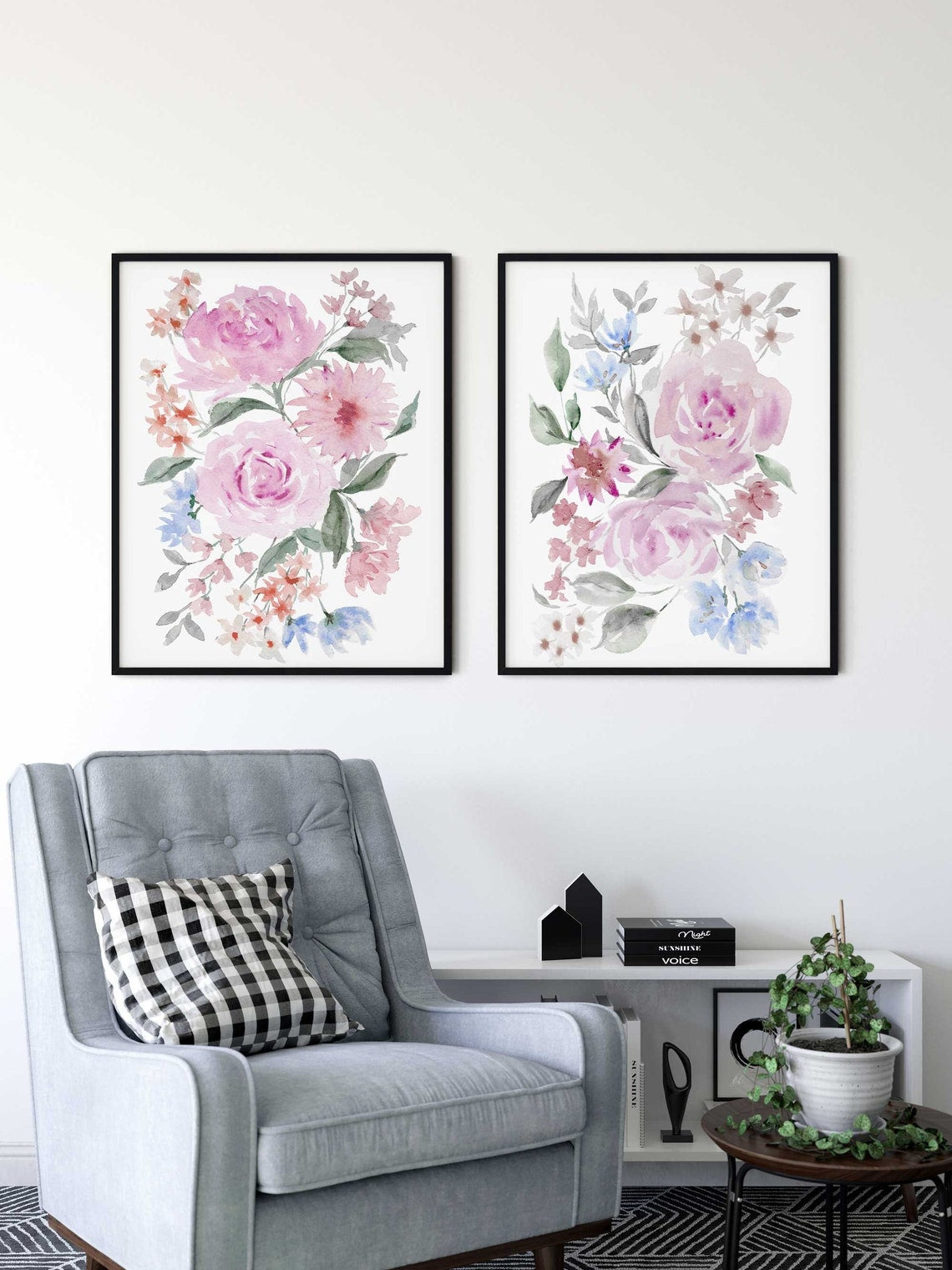 Arte de pared de peonía suave, Pintura floral abstracta, Arte de pared grande floral de acuarela, Guardería rosa azul, Decoración de sala de estar de flores Imagen secundaria del producto