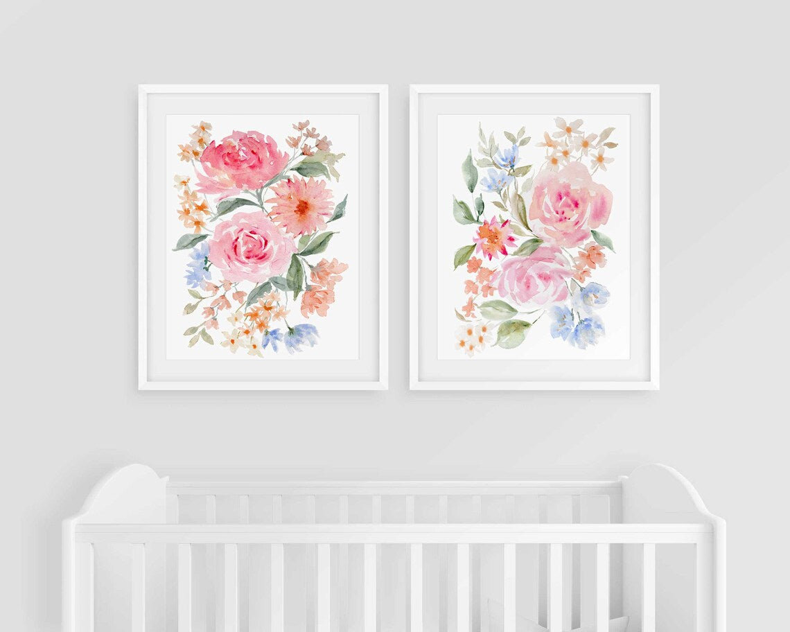 Arte floral de pared, pintura floral abstracta, set de 2 láminas, flores de acuarela, arte de pared grande, habitación de bebé rosa rubor, decoración de sala de estar Imagen secundaria del producto