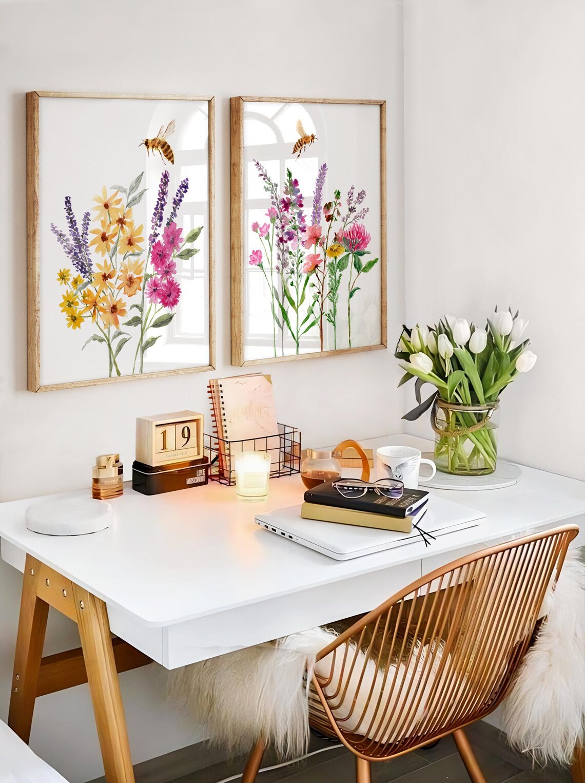 Lámina de arte de abeja y miel, lámina de acuarela de abeja, arte de pared de flores silvestres, juego de 2 láminas, lámina de flores botánicas Imagen secundaria del producto
