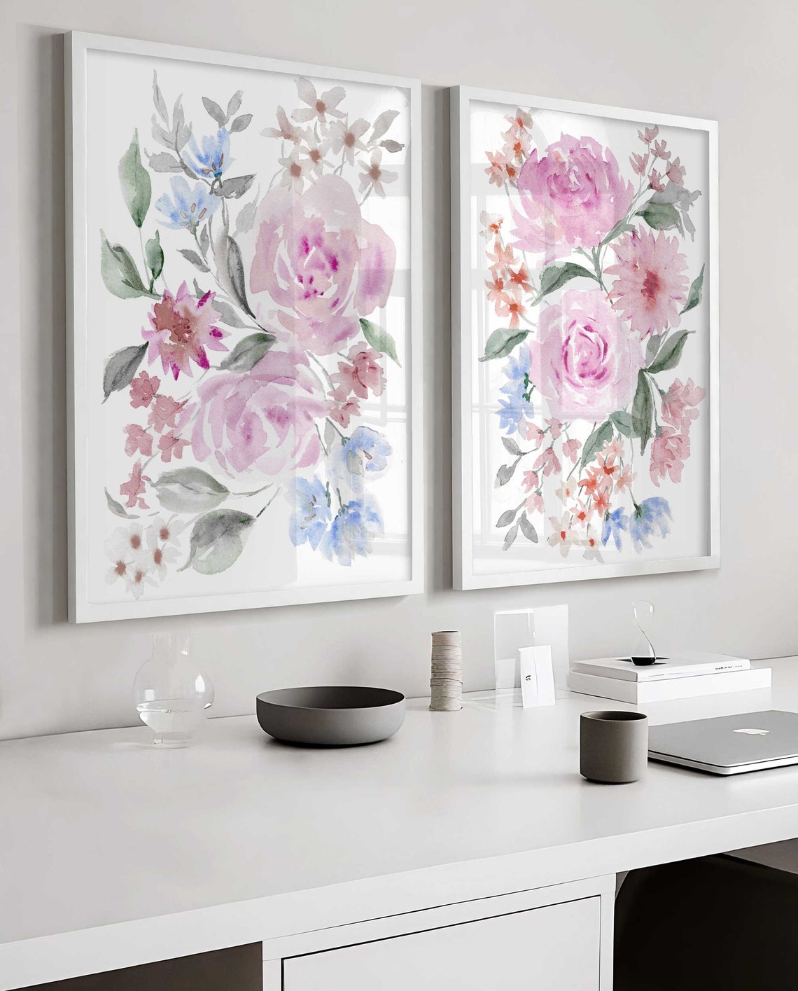 Soft Peony Wall Art, Abstract Floral Painting, Watercolour floral Large wall art, Pink Blue Nursery, Flower Living room decor Main image