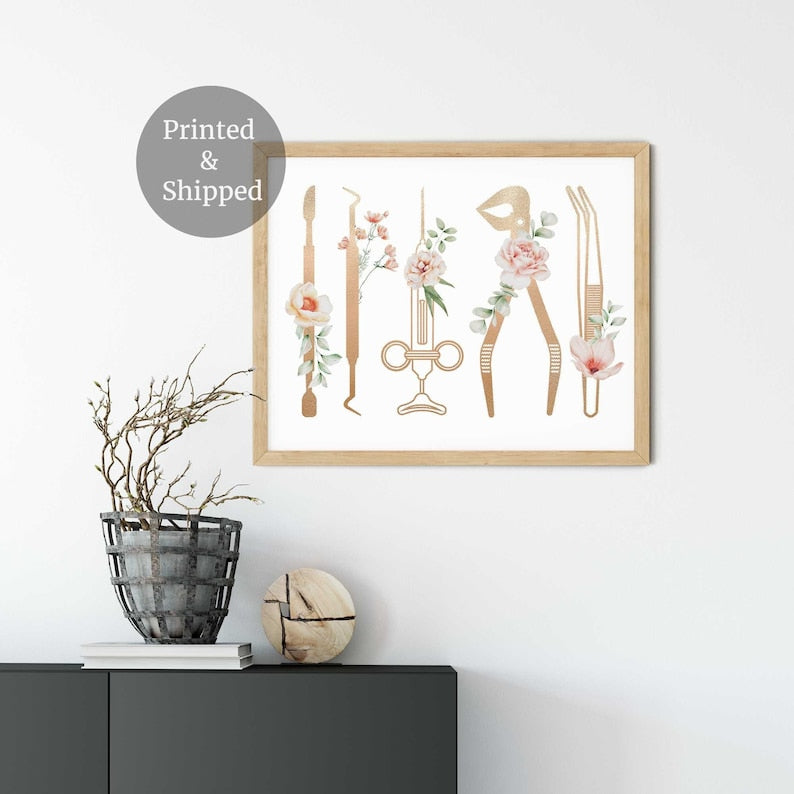 Decoración para clínica dental, Arte dental, Lámina de herramientas de dentista con motivos florales, Higienista dental, Lámina de arte de pared para estudiantes de odontología, Regalos para dentistas Imagen secundaria del producto
