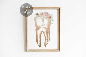 Single rose gold molar with blush flowers in a wooden frame