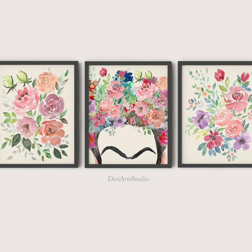 Frida Kahlo Wall Art, Colourful Floral Wall Art Prints Set of 3 Main image